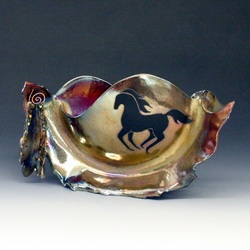 RAKU sculpture in glossy rainbow colors with horse image